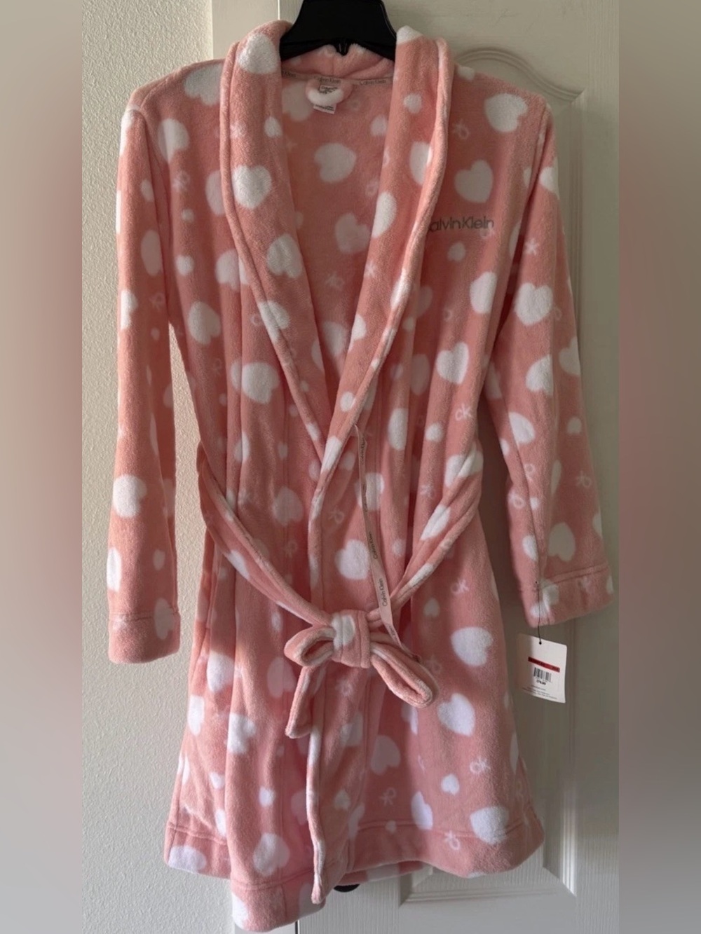 Calvin Klein Plus Size Plush Fleece Robe Pink White Hearts Belted NWT XS/S